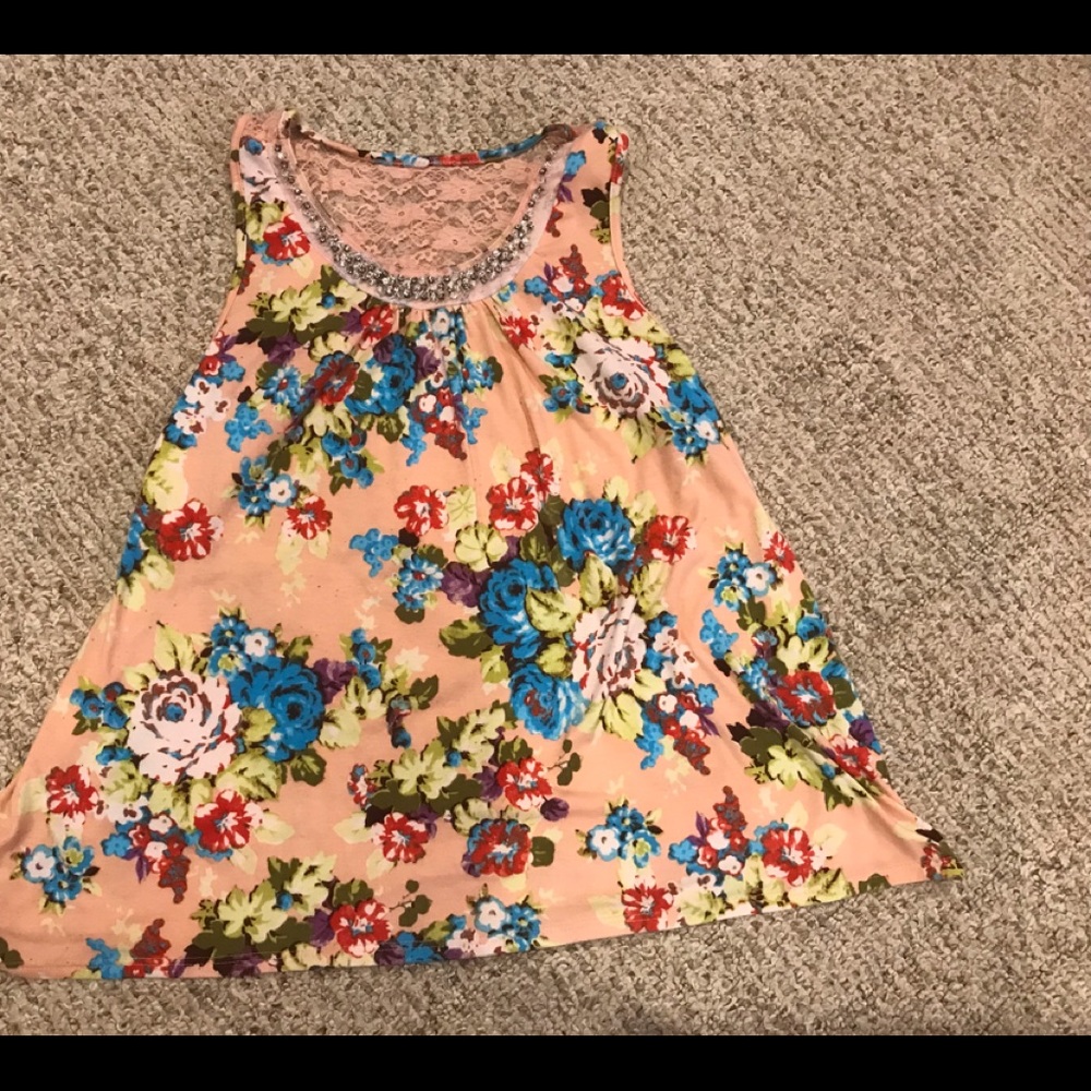 Pink Floral Tank Top with Bling and Lace